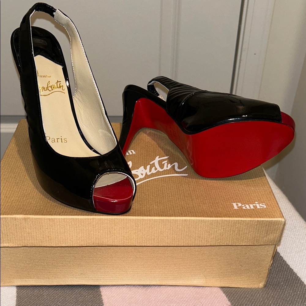 Christian Louboutin Black Patent Leather Slingback Peep Toe Heels Size 38